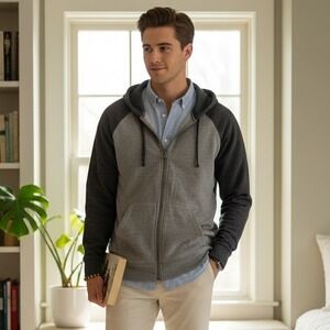 Tek Gear Raglan Zip Hoodie Gray Heather Mens Size Medium Athletic Comfort Casual